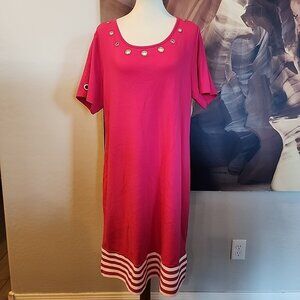 Quacker Factory Short Sleeve Striped Hem Knit Dress Pink Grommet Detail XL